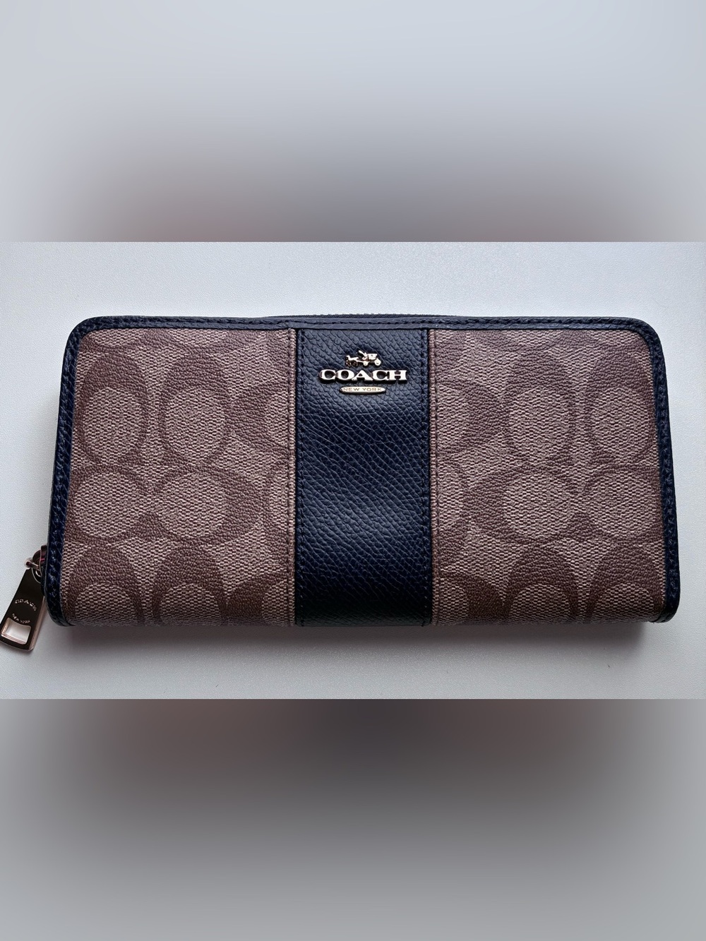 Coach Brown Signature Canvas Wallet with Black Center Stripe